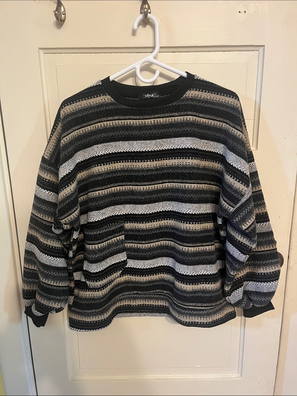 LCALE Men’s Black, Gray & Cream Striped Crewneck Sweater
